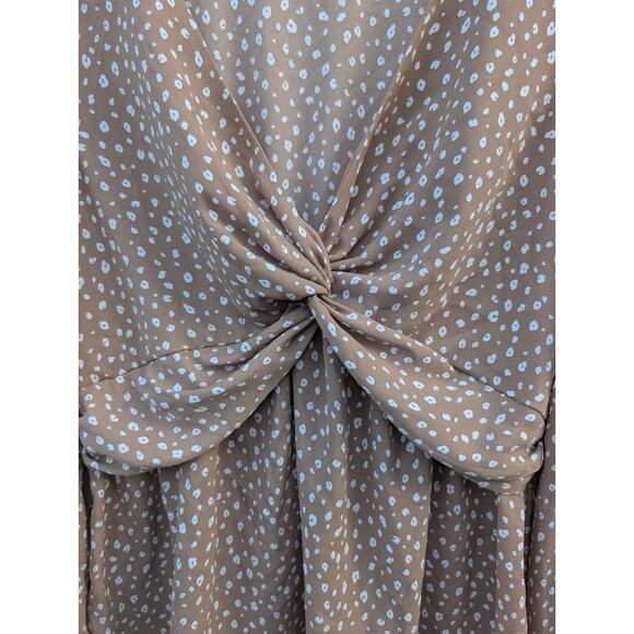 Pleione Women's Front Twist Tunic Blouse Sz Large Brown Polka Dot Balloon Sleeve - Picture 6 of 8